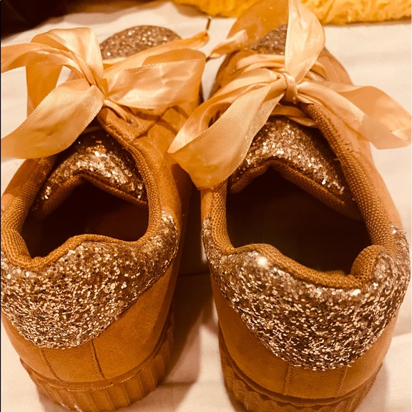 FOREVER Glitter Rust & Gold Suede Tennis Shoes with Ribbon laces. - Picture 6 of 14